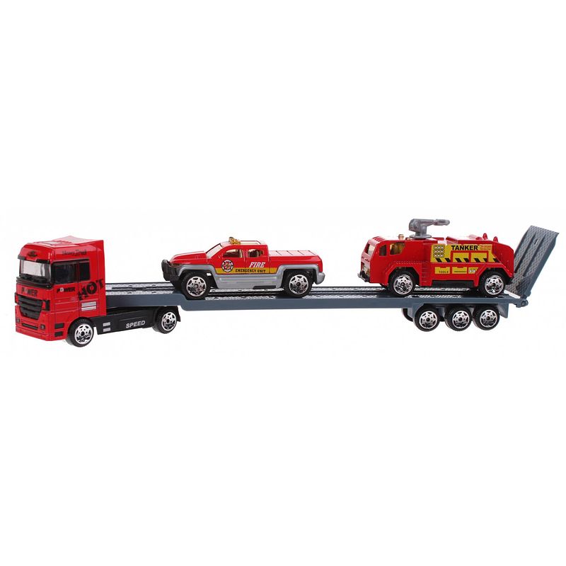 Foto van Jonotoys vrachtauto met oplegger met 2 wagens rood/grijs 24 cm