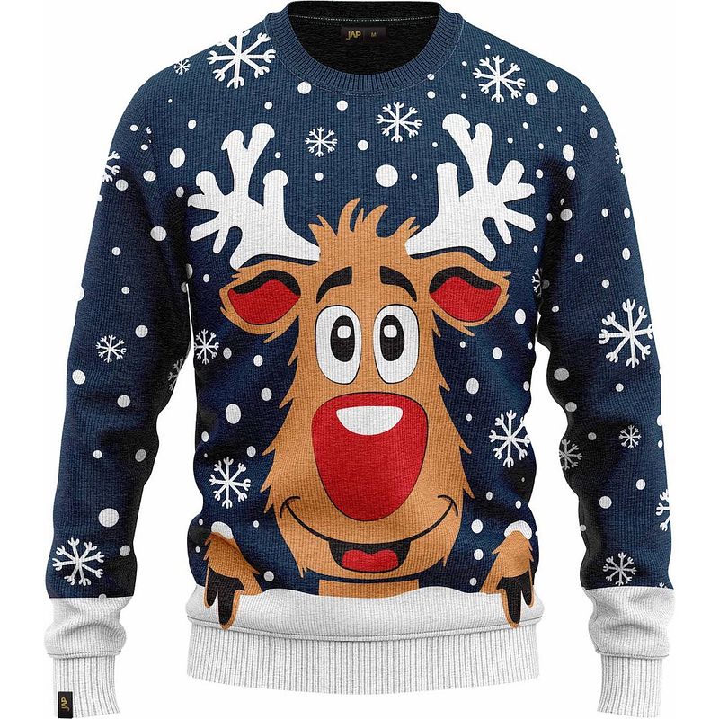 Foto van Jap foute kersttrui - rudolf het rendier - kerstcadeau - dames en heren - kerst - 3xl - donkerblauw