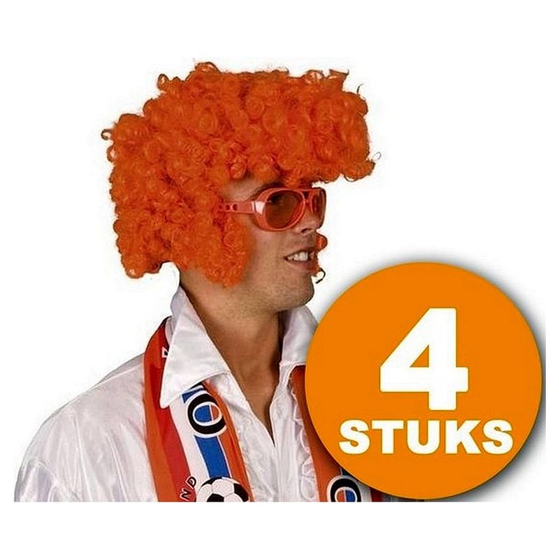 Foto van Oranje pruik 4 stuks oranje feestpruik ""rock star"" feestartikelen oranje hoofddeksel feestkleding ek/wk voetbal