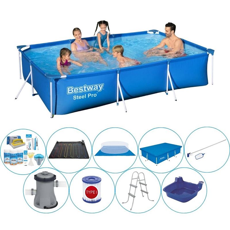 Foto van Bestway steel pro rechthoekig zwembad - 300 x 201 x 66 cm - blauw - deluxe set