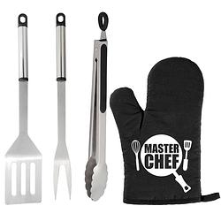 Foto van Bbq/barbecue gereedschap set 3-delig rvs met bbq handschoen masterchef - barbecuegereedschapset