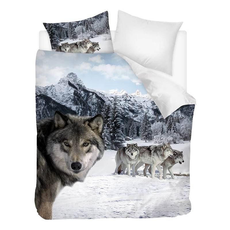 Foto van Snoozing wolf - flanel - dekbedovertrek - lits-jumeaux - 260x200/220 cm - multi kleur