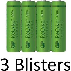 Foto van 12 stuks (3 blisters a 4 st) gp recyko+ rechargeable nimh aa/hr06 2600mah