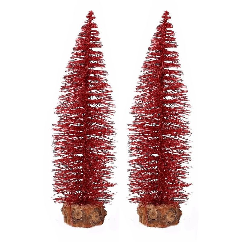 Foto van 2x stuks kerstboompjes op stam 35 cm rood - kunstkerstboom