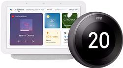 Foto van Nest learning thermostat v3 premium zwart + google nest hub 2 chalk