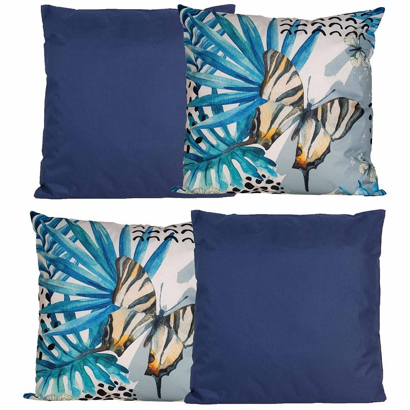 Foto van Bank/tuin kussens set - voor binnen/buiten - 4x stuks - donkerblauw/tropical print - 45 x 45 cm - sierkussens