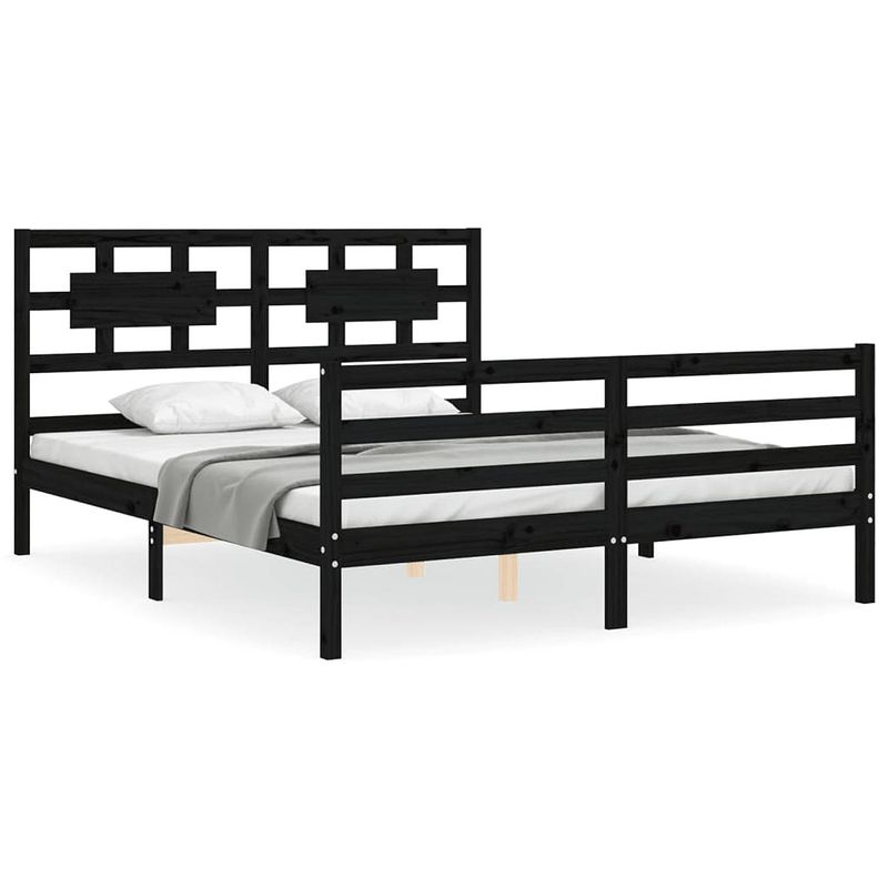 Foto van The living store massief grenenhouten bedframe - zwart - 205.5 x 155.5 x 100 cm - multiplex lattenbodem