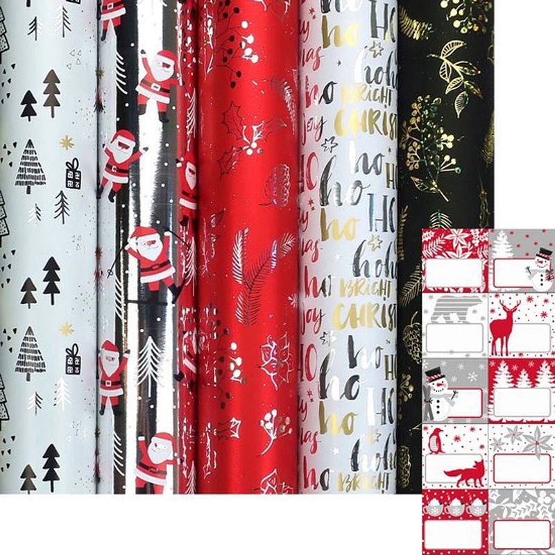 Foto van Chamonix - metallic kerstpapier assortiment cadeaupapier inpakpapier - 150 x 70 cm - 5 rollen - inclusief labels