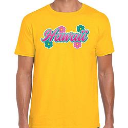 Foto van Hawaii zomer t-shirt geel met bloemen voor heren l - feestshirts