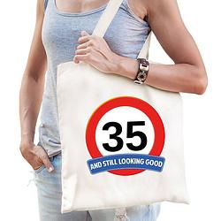Foto van Verkeersbord / stopbord 35/vijfendertig katoenen cadeau tas wit voor dames en heren - feest boodschappentassen