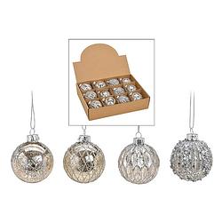 Foto van 12x stuks luxe gedecoreerde glazen kerstballen zilver 6 cm - kerstbal