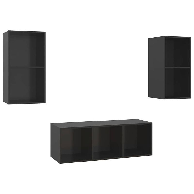 Foto van The living store televisiewandmeubelset black - 3-delig- 37 x 37 x 72 cm - 107 cm - muurbevestiging - hoogglans zwart