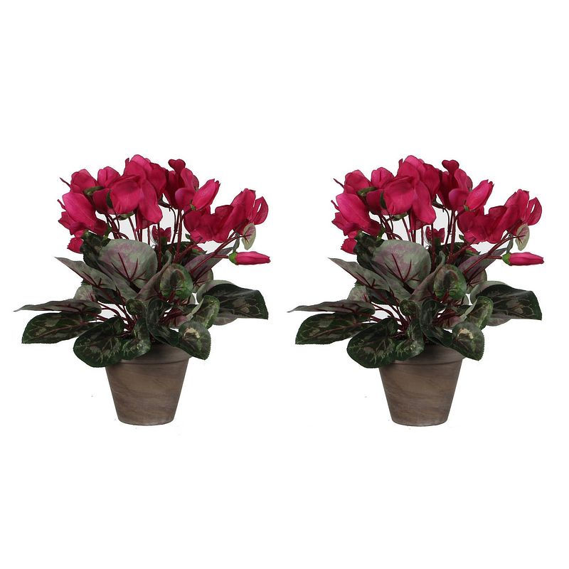 Foto van 2x stuks cyclaam kunstplanten donker roze in keramieken pot h30 x d30 cm - kunstplanten