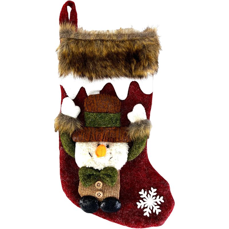 Foto van Luxe 3d kerstsok - sneeuwpop kerstversiering - 34 x 17 cm - rood