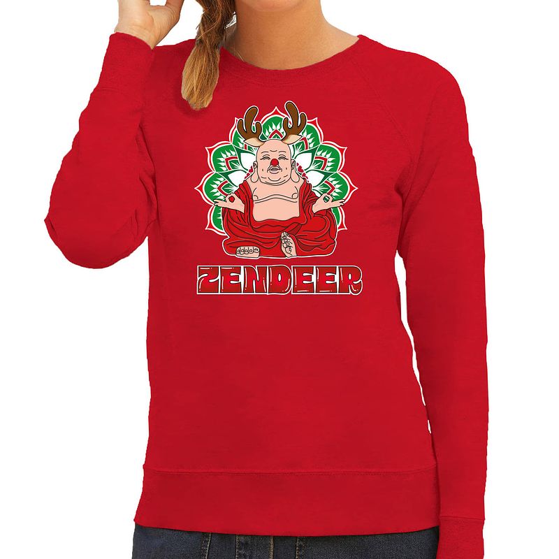 Foto van Bellatio decorations foute kersttrui/sweater voor dames - zendeer buddha - rood - rendier - boeddha 2xl - kerst truien