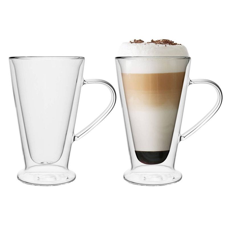 Foto van Florina dubbelwandige koffieglazen of theeglazen met oor 400 ml - set van 2 - gehard glas - met voet