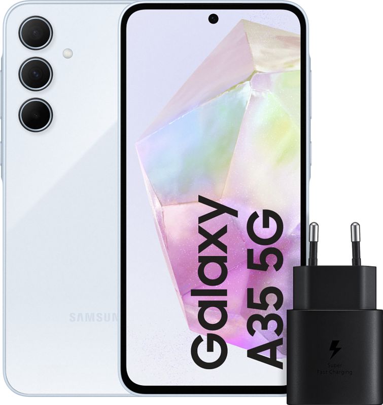 Foto van Samsung galaxy a35 128gb lichtblauw 5g + samsung 25 watt snellader zwart