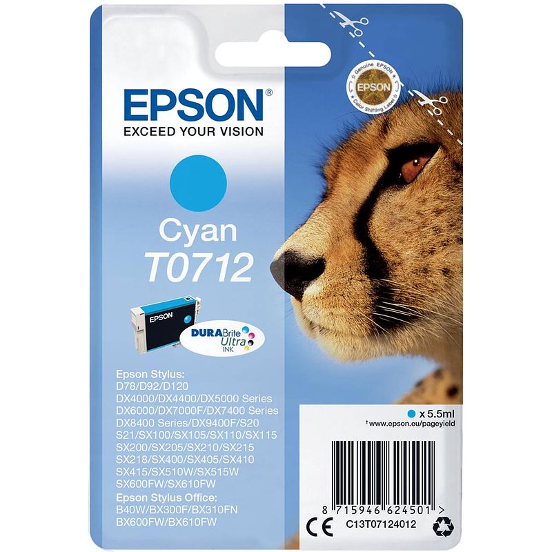 Foto van Epson inktcartridge t0712, 345 pagina'ss, oem c13t07124012, cyaan 10 stuks