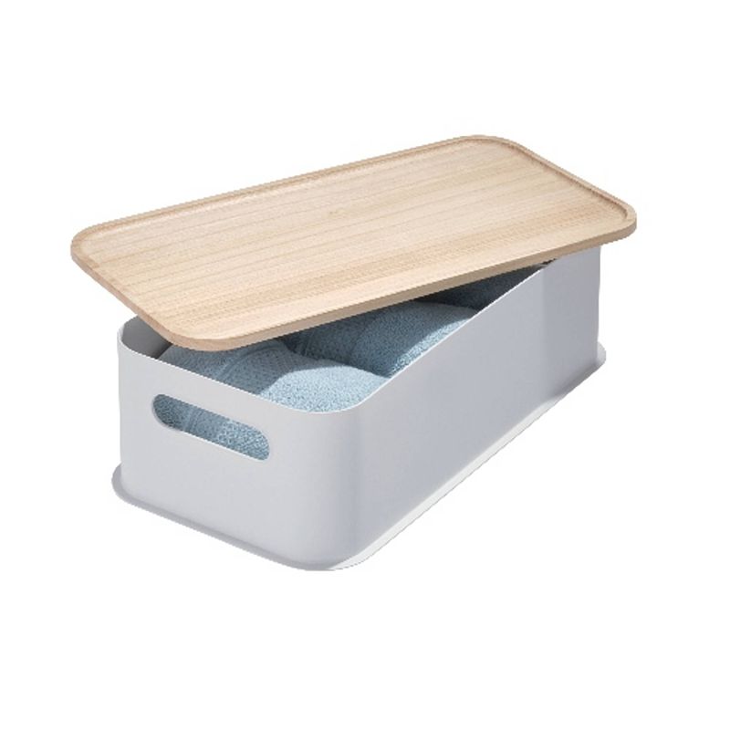 Foto van Idesign - opbergbox met handvat en deksel, 21.3 x 43 x 12.7 cm, paulownia hout, grijs - idesign eco storage