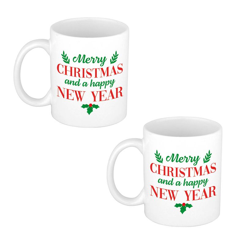 Foto van 2x stuks merry christmas and happy new year cadeau kerstmok / kerstbeker wit 300 ml - bekers