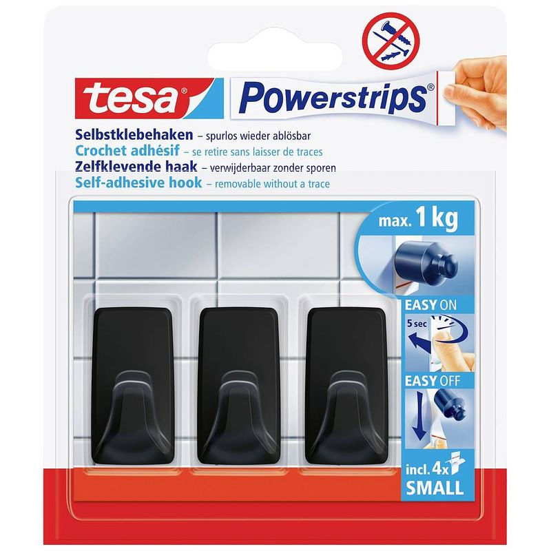 Foto van Tesa black hooks s powerstrips kleefhaak klein vierkant (b x h) 14 mm x 34 mm zwart inhoud: 3 stuk(s)