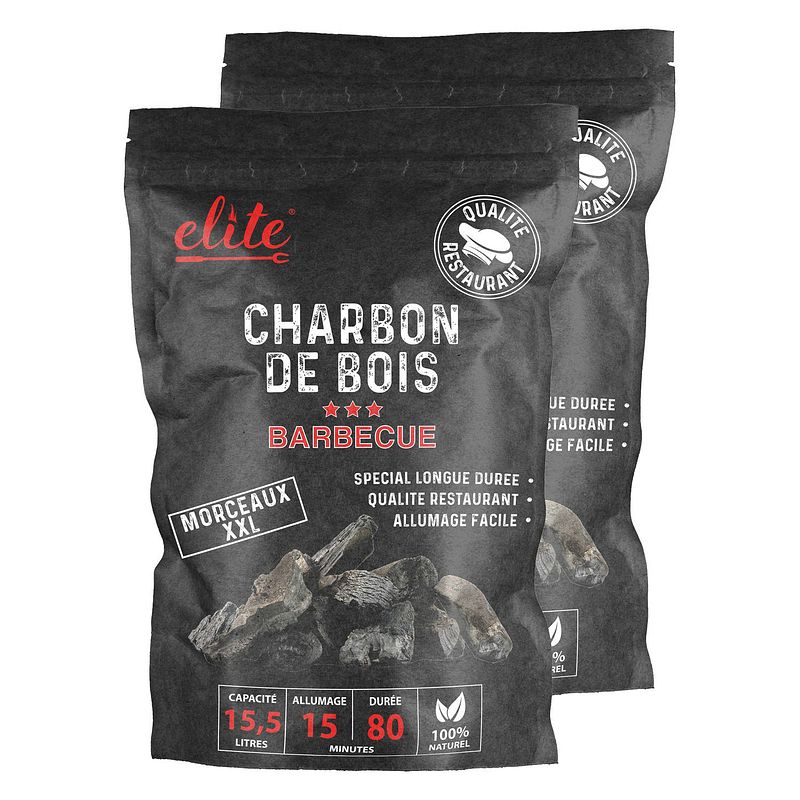 Foto van Elite barbecue/bbq houtskool - 2x zak van 15 liter - restaurant kwaliteit kolen - briketten