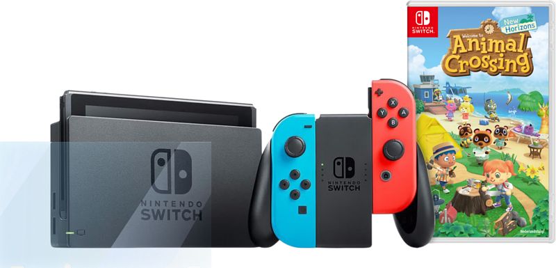 Foto van Nintendo switch rood/blauw + animal crossing new horizons + bluebuilt screenprotector