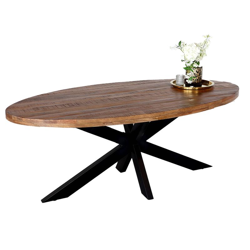 Foto van Eettafel ovaal mangohout 240cm james bruin ovale industriële tafel duurzaam mango eetkamertafel