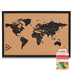Foto van Prikbord wereldkaart met 40x punaises gekleurd - 60 x 40 cm - kurk - prikborden