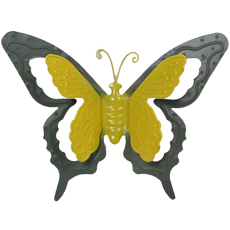 Foto van Mega collections tuin/schutting decoratie vlinder - metaal - groen - 24 x 18 cm - tuinbeelden