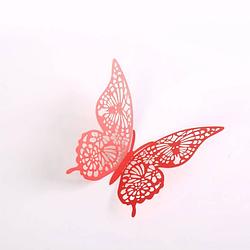 Foto van Cake topper decoratie vlinders of muur decoratie met plakkers 12 stuks rood - 3d vlinders - vl-02