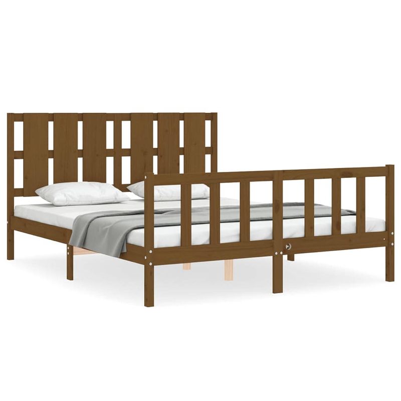 Foto van The living store massief grenenhouten bedframe - honingbruin - 205.5 x 155.5 x 100 cm - multiplex lattenbodem