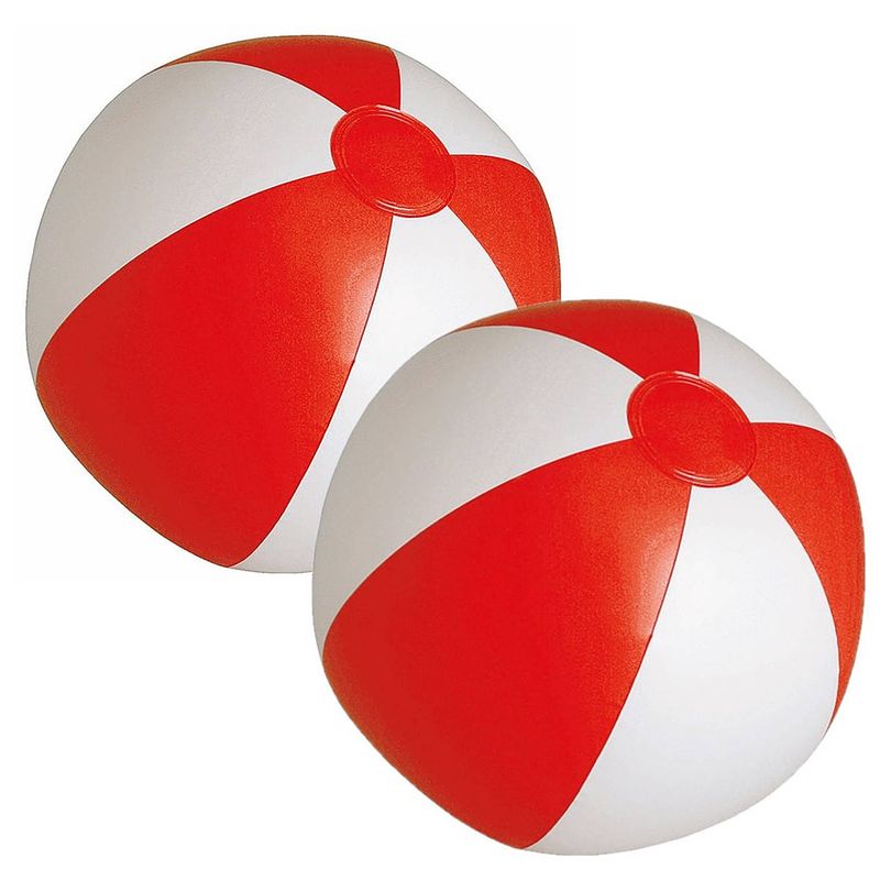 Foto van 2x stuks opblaasbare zwembad strandballen plastic rood/wit 28 cm - strandballen