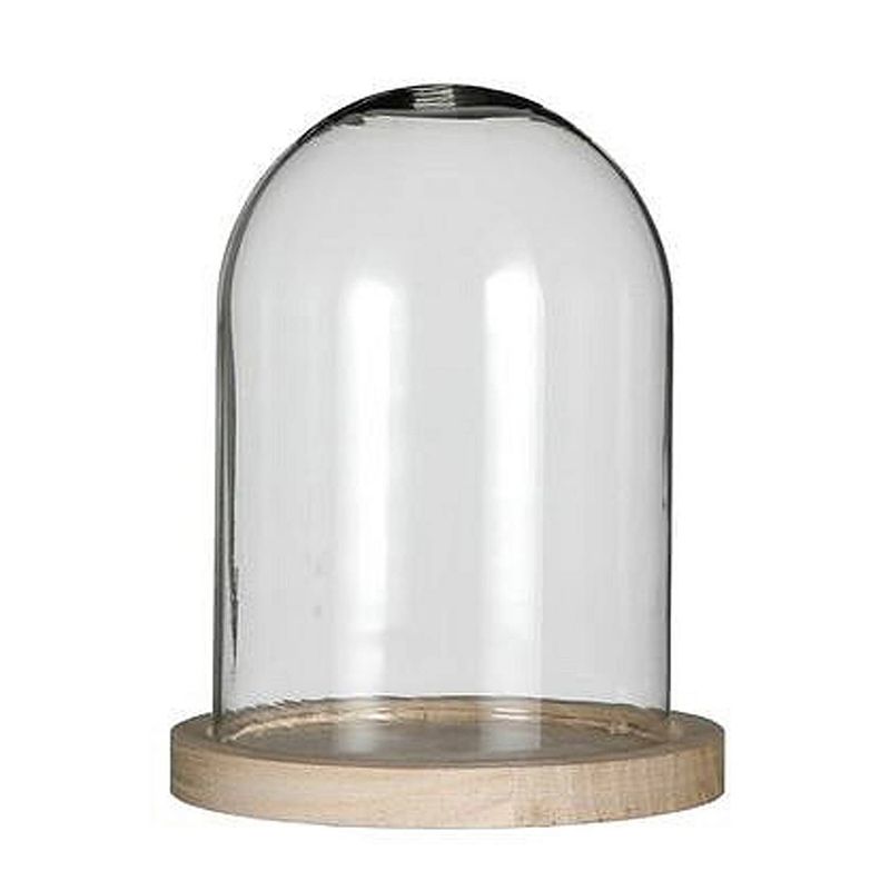 Foto van Ideas 4 seasons decoratie stolp - glas - houten plateau - d12 x h16 cm - decoratieve stolpen