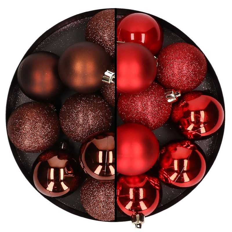 Foto van 24x stuks kunststof kerstballen mix van donkerbruin en rood 6 cm - kerstbal