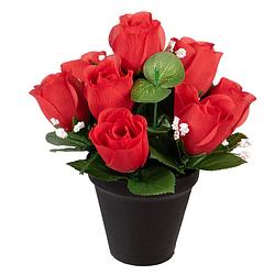 Foto van Louis maes kunstbloemen klein boeketje rozen in pot - rood - h25 cm - bloemstuk - bladgroen - kunstbloemen