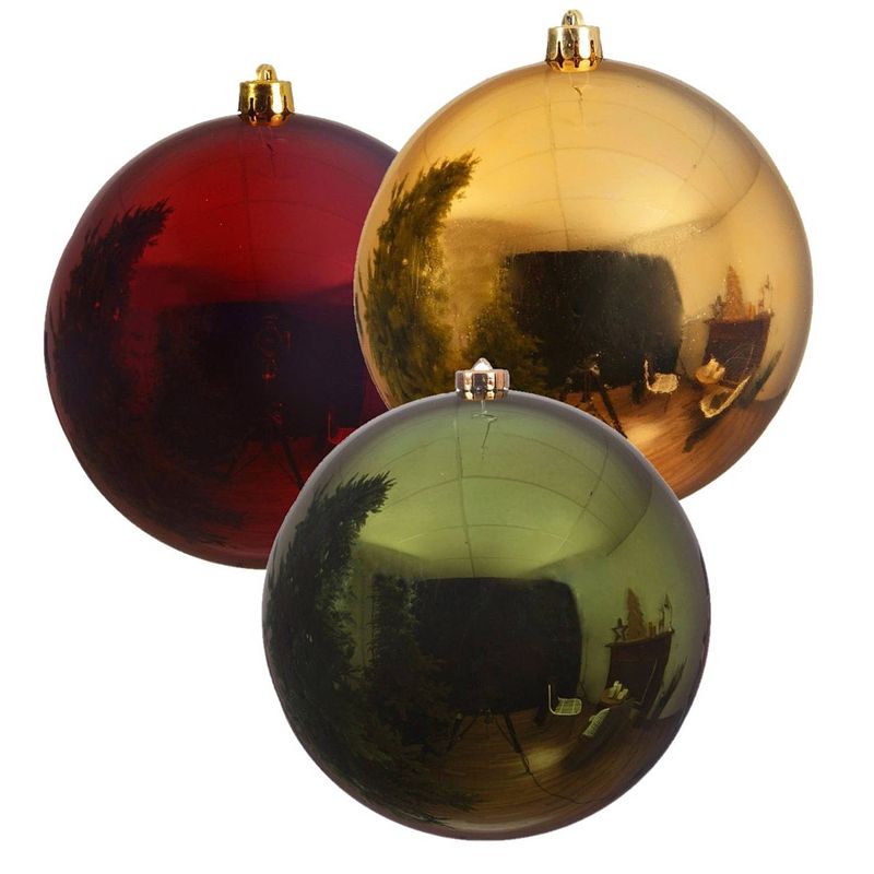 Foto van 3x stuks grote kerstballen van 20 cm glans van kunststof groen goud en rood - kerstbal