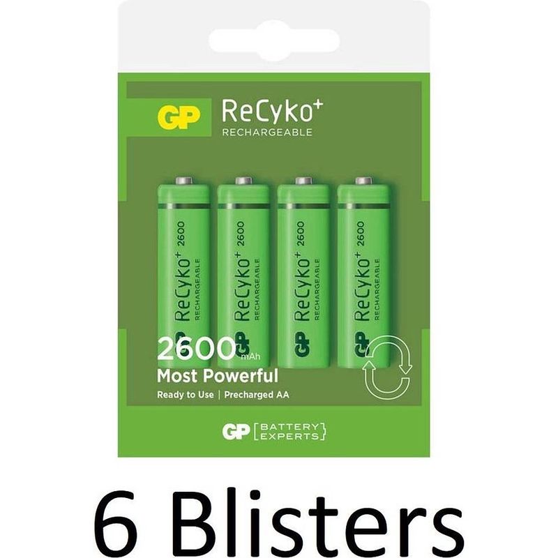 Foto van 24 stuks (6 blisters a 4 st) gp recyco aa oplaadbaare batterijen - 2600 mah