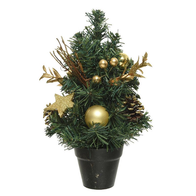 Foto van Mini kunst kerstbomen/kunstbomen met gouden versiering 30 cm - kunstkerstboom