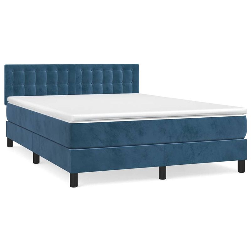 Foto van The living store boxspringbed - donkerblauw stoffen bedframe - 193 x 144 x 78/88 cm - pocketvering matras - middelharde