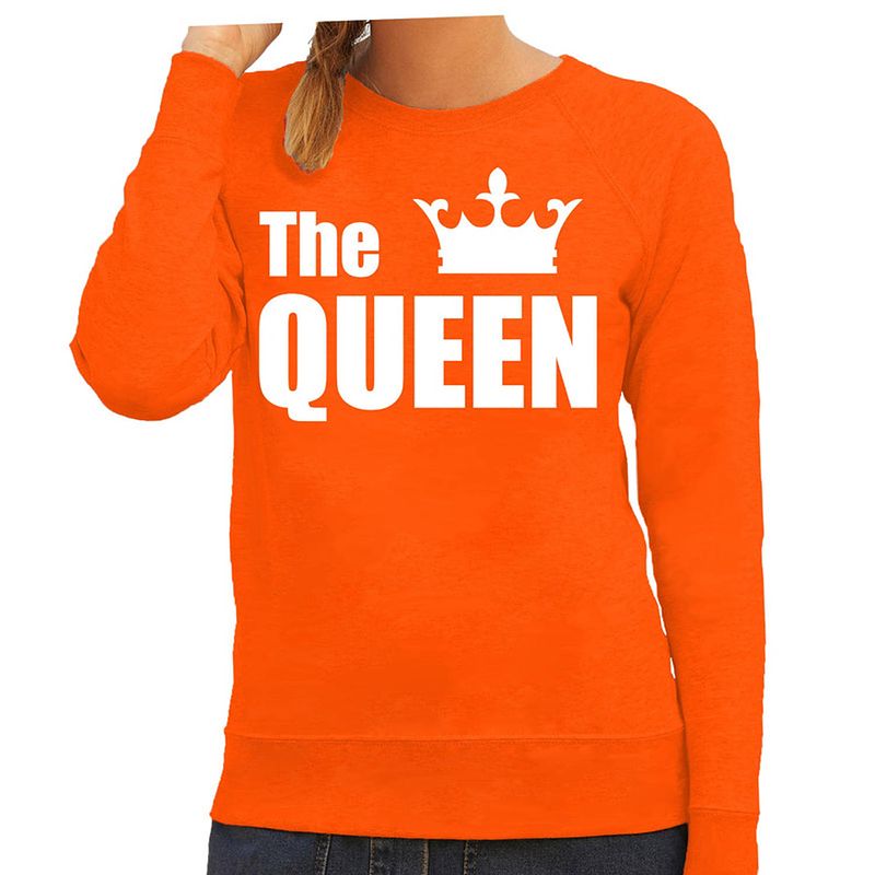 Foto van The queen oranje trui / sweater met witte tekst en kroon voor dames koningsdag / holland xs - feesttruien