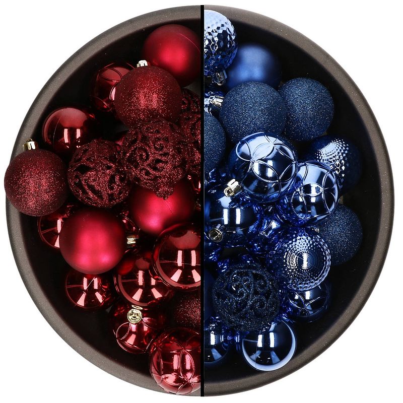 Foto van 74x stuks kunststof kerstballen mix van kobalt blauw en donkerrood 6 cm - kerstbal