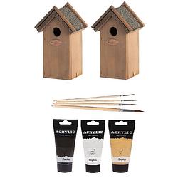 Foto van 2x houten vogelhuisje/nestkastje 22 cm - zwart/goud/zilver dhz schilderen pakket - vogelhuisjes