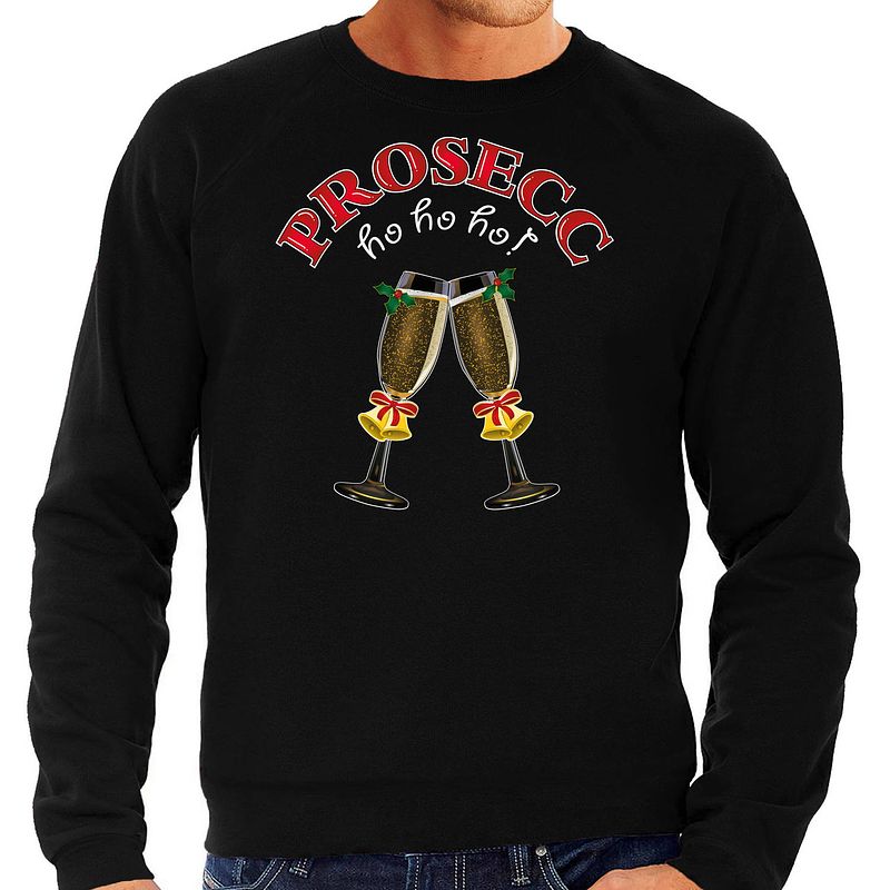 Foto van Bellatio decorations foute kersttrui/sweater heren - prosecco - zwart - ho ho ho - kerstborrel m - kerst truien