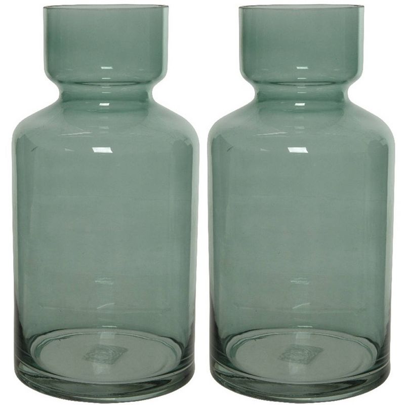 Foto van Set van 2x stuks groene vazen/bloemenvazen 6 liter van glas 15 x 30 cm - vazen