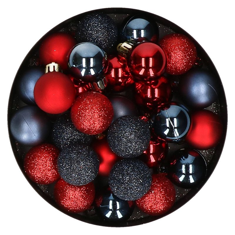 Foto van 28x stuks kunststof kerstballen rood en donkerblauw mix 3 cm - kerstbal