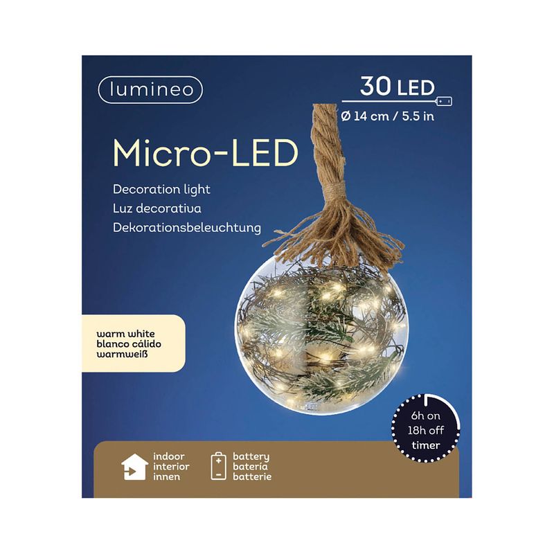 Foto van 1x stuks verlichte glazen kerstballen aan touw met 30 lampjes zilver/warm wit 14 cm - kerstverlichting figuur