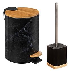 Foto van Badkamer/toilet accessoires set - wc-borstel in houder en prullenbak - zwart - bamboe - 3 liter - badkameraccessoireset