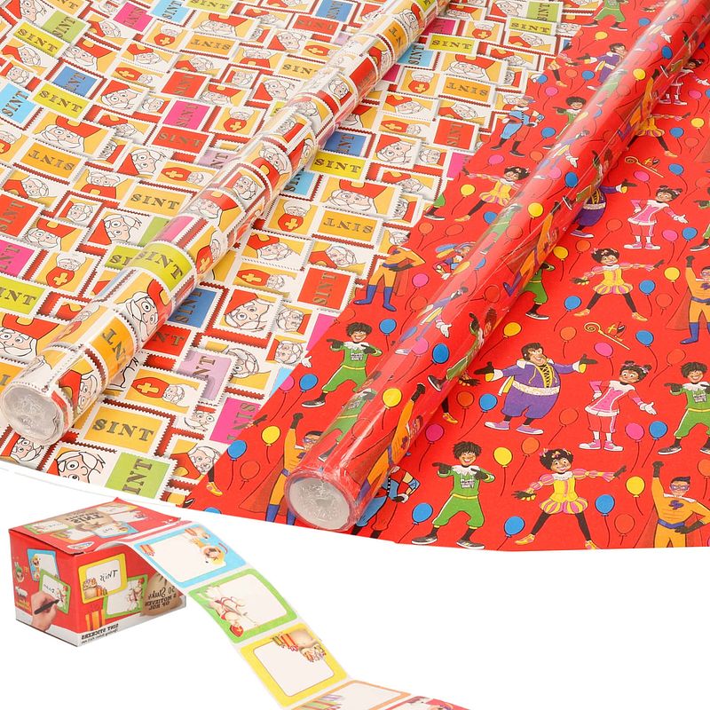 Foto van Sinterklaas inpakpapier/cadeaupapier 6x rollen en 50 naam stickers - cadeaupapier