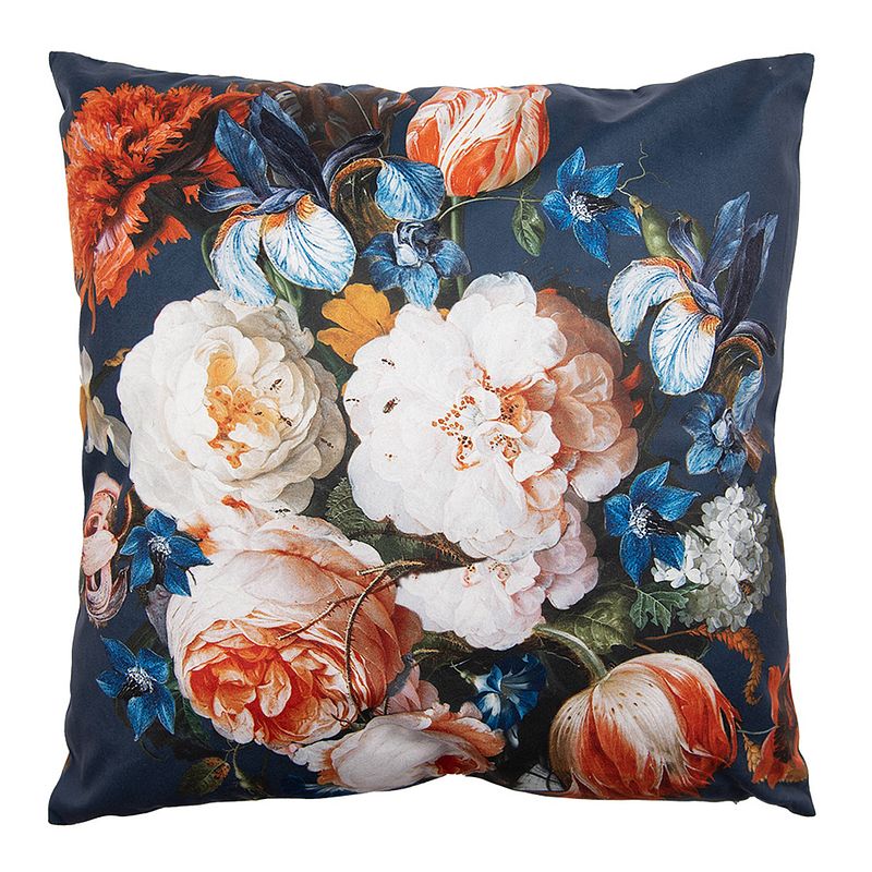 Foto van Clayre & eef sierkussen 45x45 cm blauw oranje polyester bloemen sierkussenhoes blauw sierkussenhoes